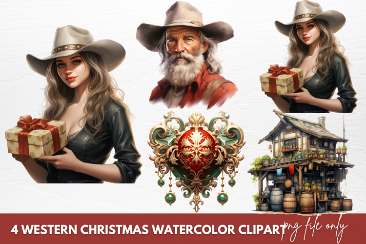 Western Christmas Watercolor Clipart Sublimation
