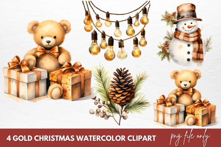 Gold Christmas Watercolor Clipart Sublimation