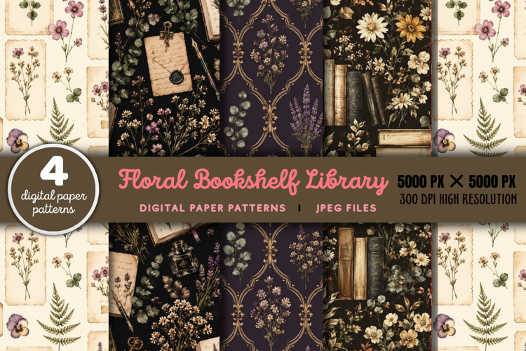 Floral Bookshelf Library Digital Pattern JPG