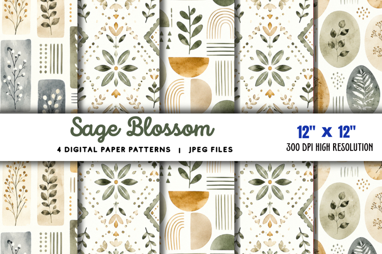 Sage Blossom Watercolor Digital Papers JPG