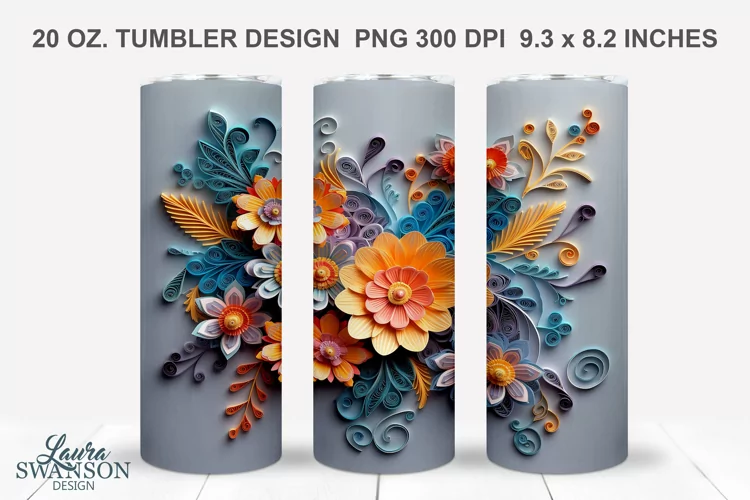 3D Paper Quill Vintage Flowers Sublimation Tumbler Wrap #4