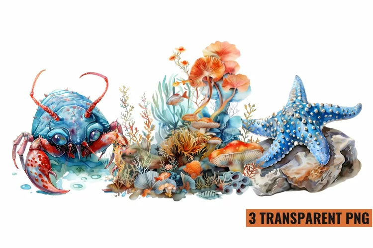 Watercolor Sea Animals Clipart , PNG
