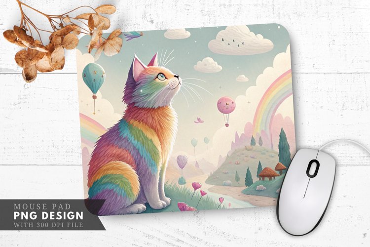 Whimsical Rainbow Cat Adventure Mouse Pad PNG Design