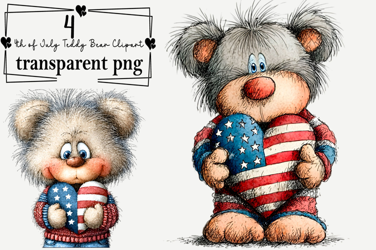 4th of July Teddy Bear Clipart Watercolor PNG