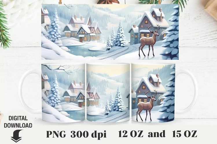 Christmas Mug Wrap, Christmas landscape Mug Sublimation