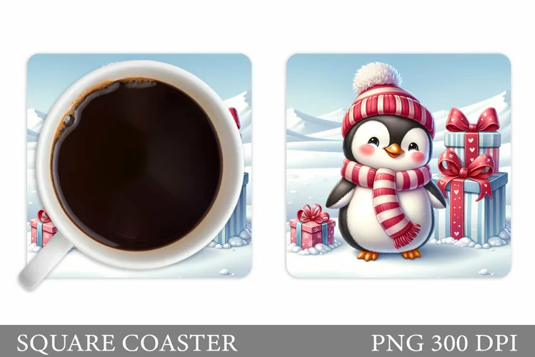 Cute Penguin Coaster Sublimation. Christmas Coaster Design