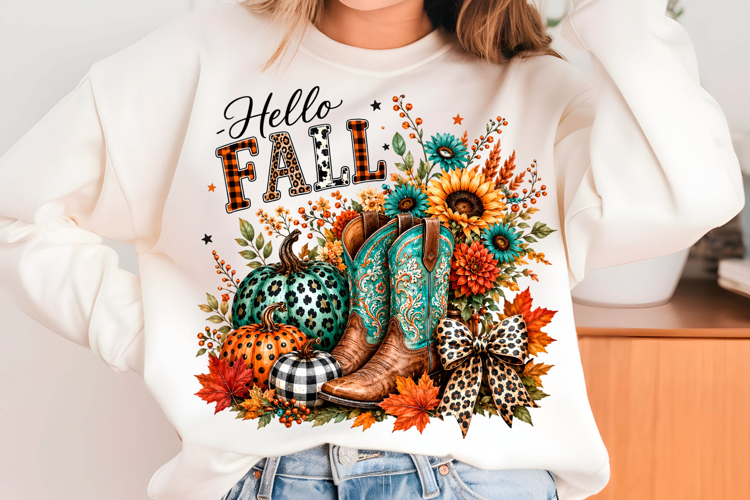 Hello Fall Western Boots Pumpkin PNG