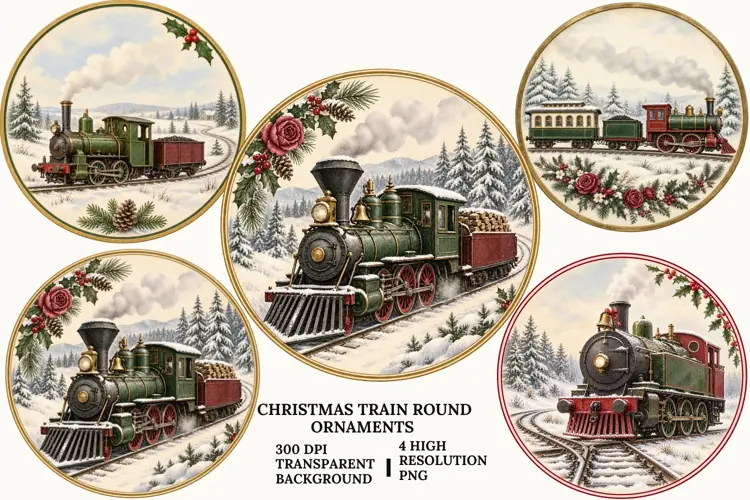 Christmas Train PNG, Vintage Winter Locomotive Ornament Art
