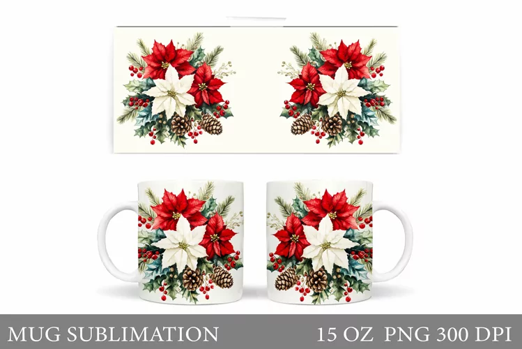 Poinsettia Mug Sublimation. Christmas Mug Design