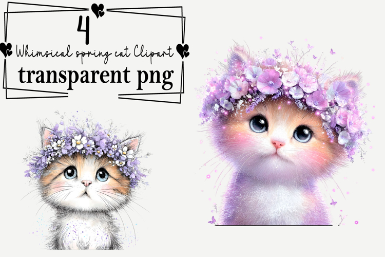 Whimsical spring cat Clipart Watercolor PNG
