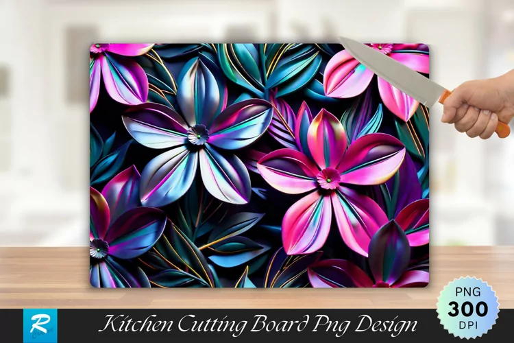 3D Neon Floral Cutting Board Sublimation Design