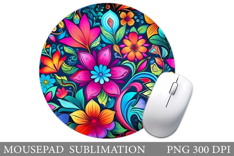 Neon Flowers Mouse Pad. Flowers Round Mouse Pad Sublimation example image 1
