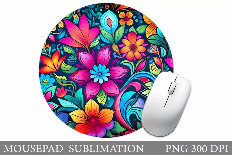 Neon Flowers Mouse Pad. Flowers Round Mouse Pad Sublimation