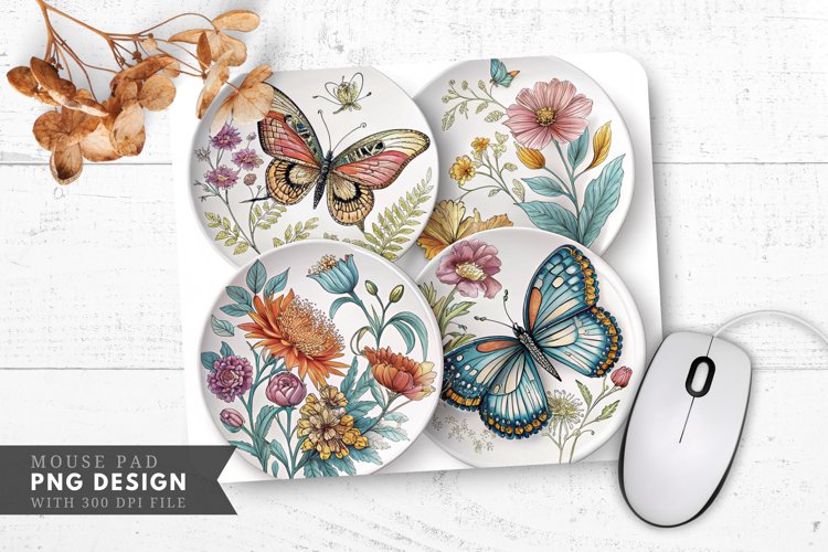 Butterfly and Floral Decorative Mouse Pad PNG Design example image 1