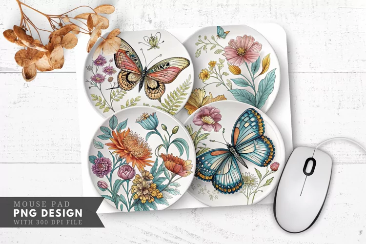 Butterfly and Floral Decorative Mouse Pad PNG Design