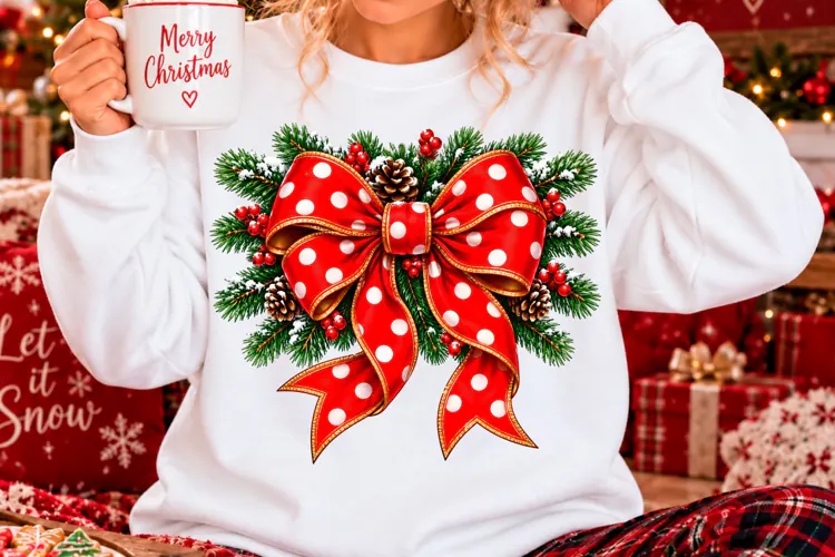 Christmas Red Polka Dot Bow Sublimation PNG