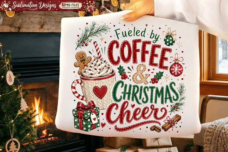 Fueled By Coffee & Christmas Cheer Sublimation PNG example image 1