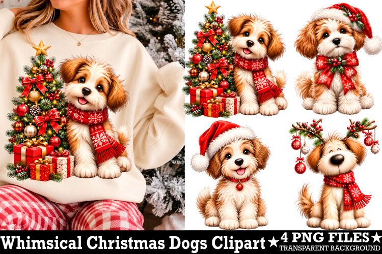 Whimsical Christmas Dog Clipart Watercolor PNG example image 1