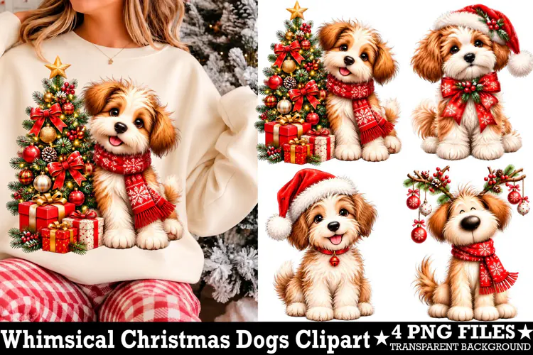 Whimsical Christmas Dog Clipart Watercolor PNG