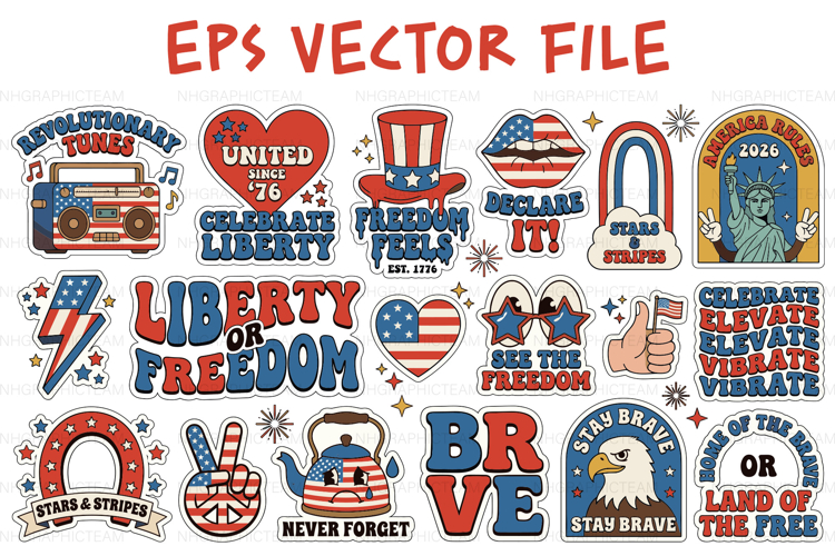 Retro 4th Of July Sticker Bundle For Crafters - EPS Vector