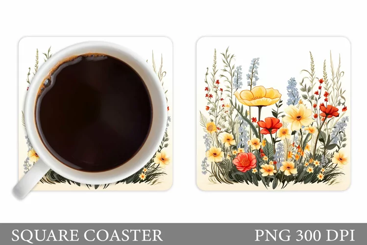 Wildflowers Coaster Design. Flowers Square Coaster
