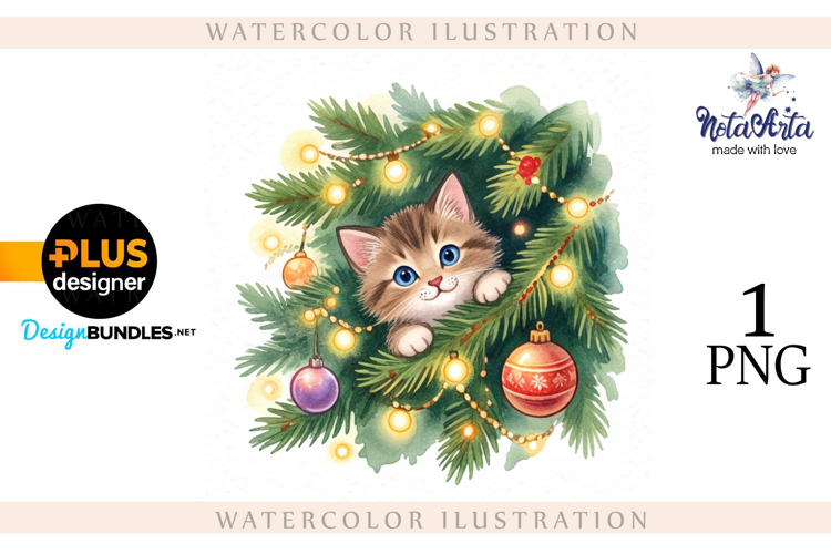 Christmas Kitten in Watercolor Style