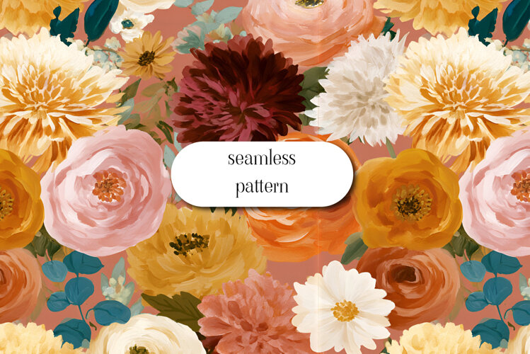 Warm Autumn Floral Seamless Pattern Watercolor JPG example image 1