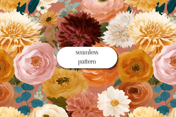 Warm Autumn Floral Seamless Pattern Watercolor JPG