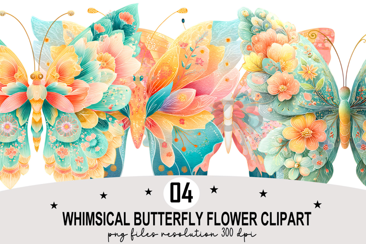 Whimsical Butterfly Flower Clipart Watercolor PNG example image 1