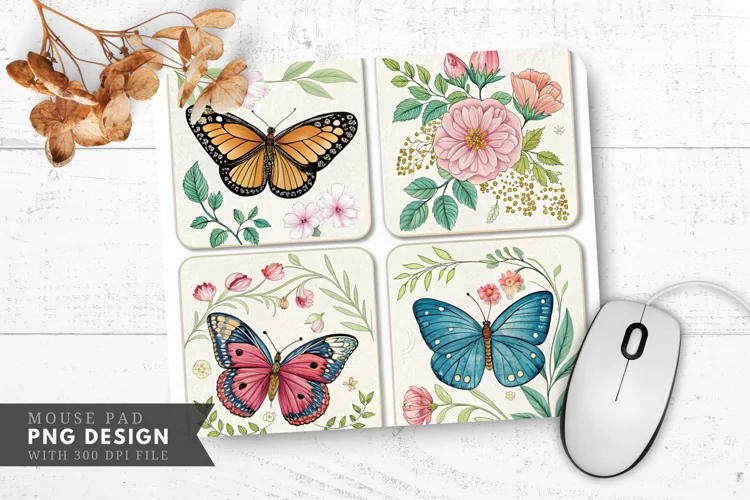 Butterfly and Floral Coasters Mouse Pad PNG Design