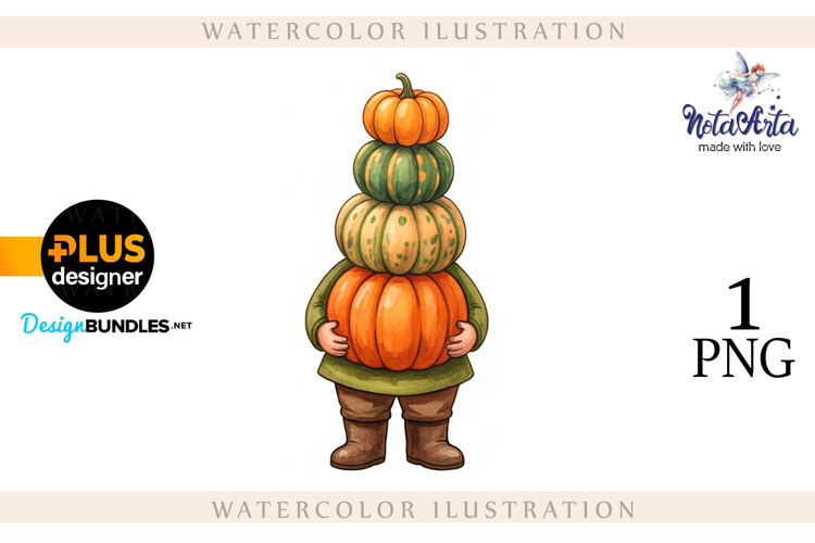 Gnomes with Pumpkin Harvest in Watercolor Style