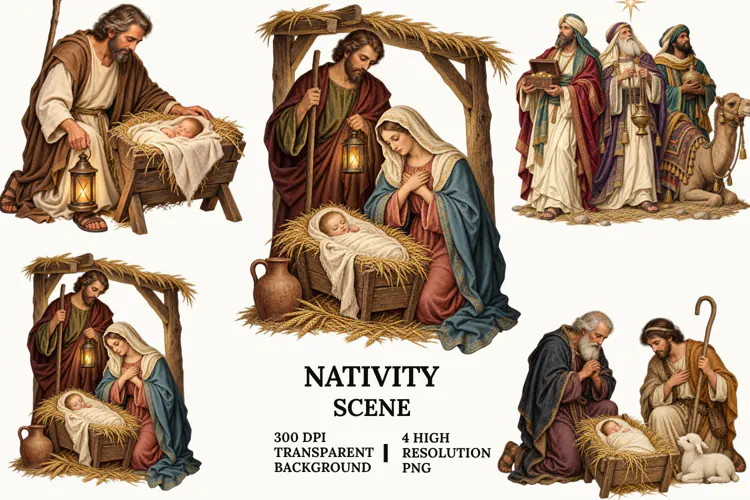Nativity Scene Clipart with Manger, Lantern, Sheep and Ox