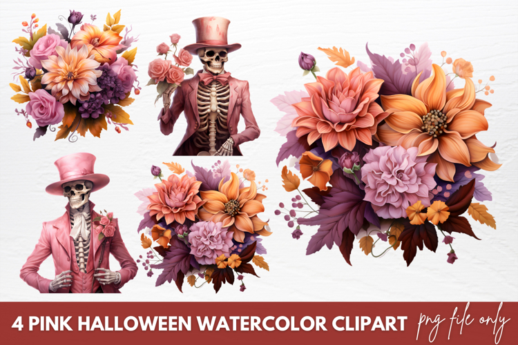 Pink Halloween Watercolor Clipart