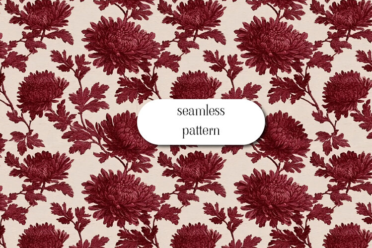 Burgundy Chrysanthemum Vintage Seamless Floral Pattern example image 1