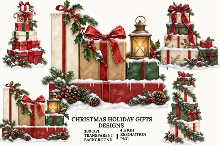 Christmas Gift Boxes PNG, Holiday Present Sublimation Art