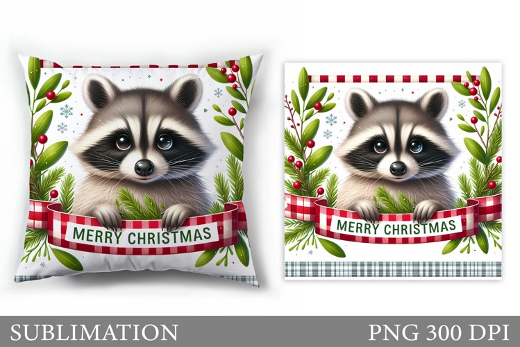 Cute Raccoon Pillow Design. Christmas Pillow Sublimation example image 1