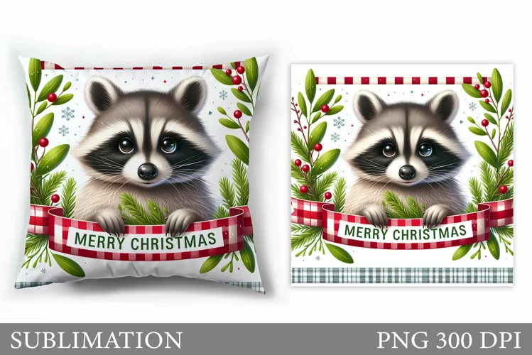 Cute Raccoon Pillow Design. Christmas Pillow Sublimation