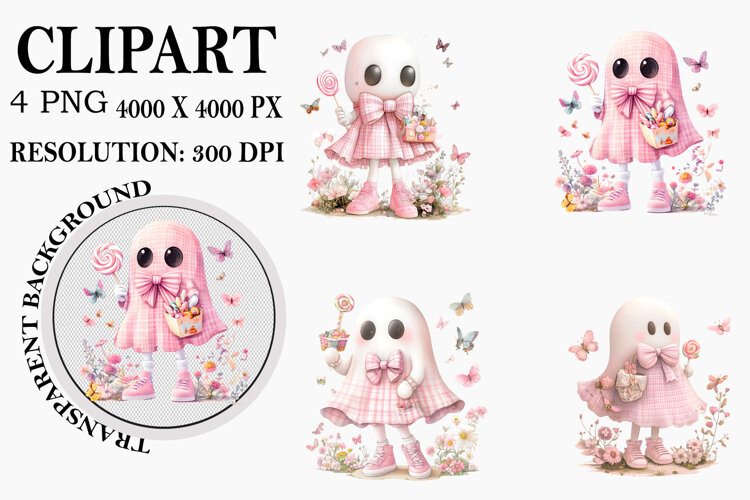 Pink Ghost whimsical Halloween clipart Watercolor PNG example image 1