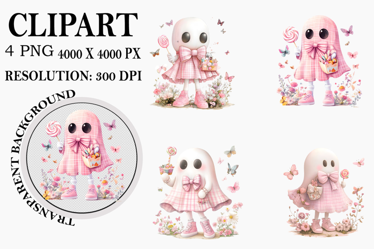 Pink Ghost whimsical Halloween clipart Watercolor PNG