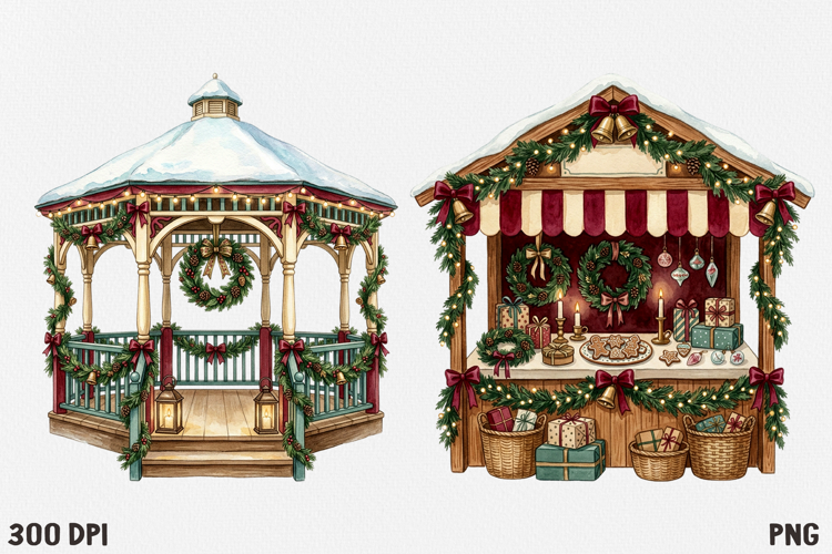 Christmas Village Watercolor Clipart PNG, Whimsical Holiday