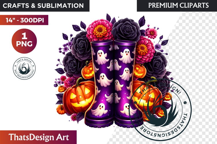 Halloween Floral Rain Boots - Cute Witchy Garden Clipart PNG