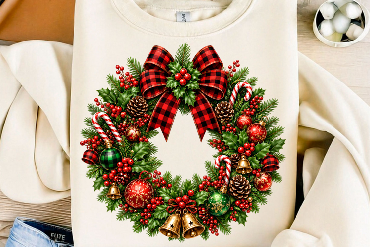 Festive Plaid Christmas Wreath PNG