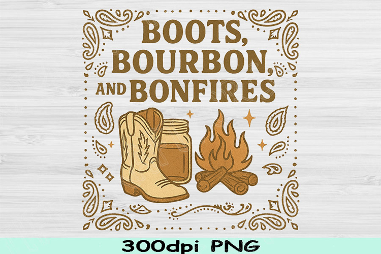 Boots Bourbon and Bonfires PNG, Country Fall Sublimation