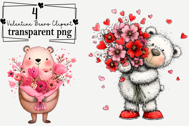 Valentine Bears Clipart Watercolor PNG example image 1