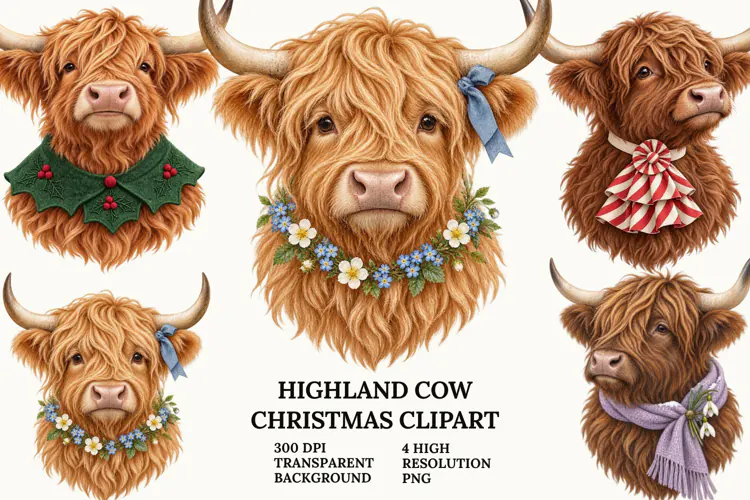 Highland Cow Christmas Clipart with Snowman and Book PNG