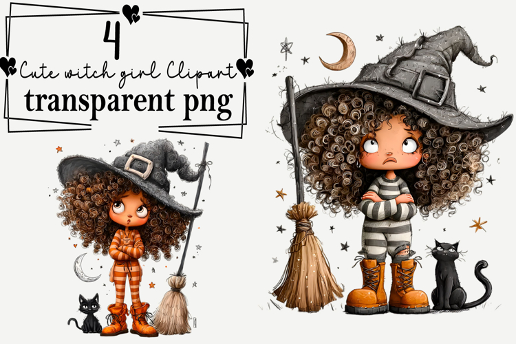 Cute witch girl Clipart Watercolor PNG example image 1
