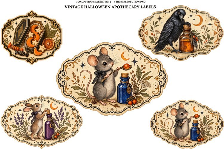 Vintage Halloween Apothecary Labels PNG Spooky Animal Art example image 1