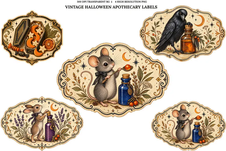 Vintage Halloween Apothecary Labels PNG Spooky Animal Art