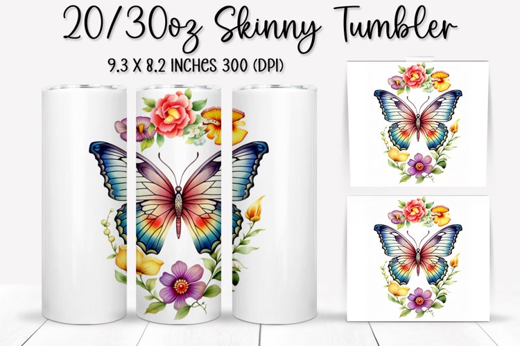 Rainbow Butterfly and Flowers - Tumbler Sublimation Design