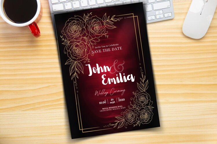Luxury Royal Burgundy and Gold Wedding Invitation Template example image 1